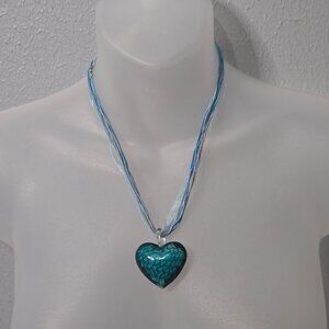 NWOT Glass Heart Pendant Necklace, Marbled Black & Blue